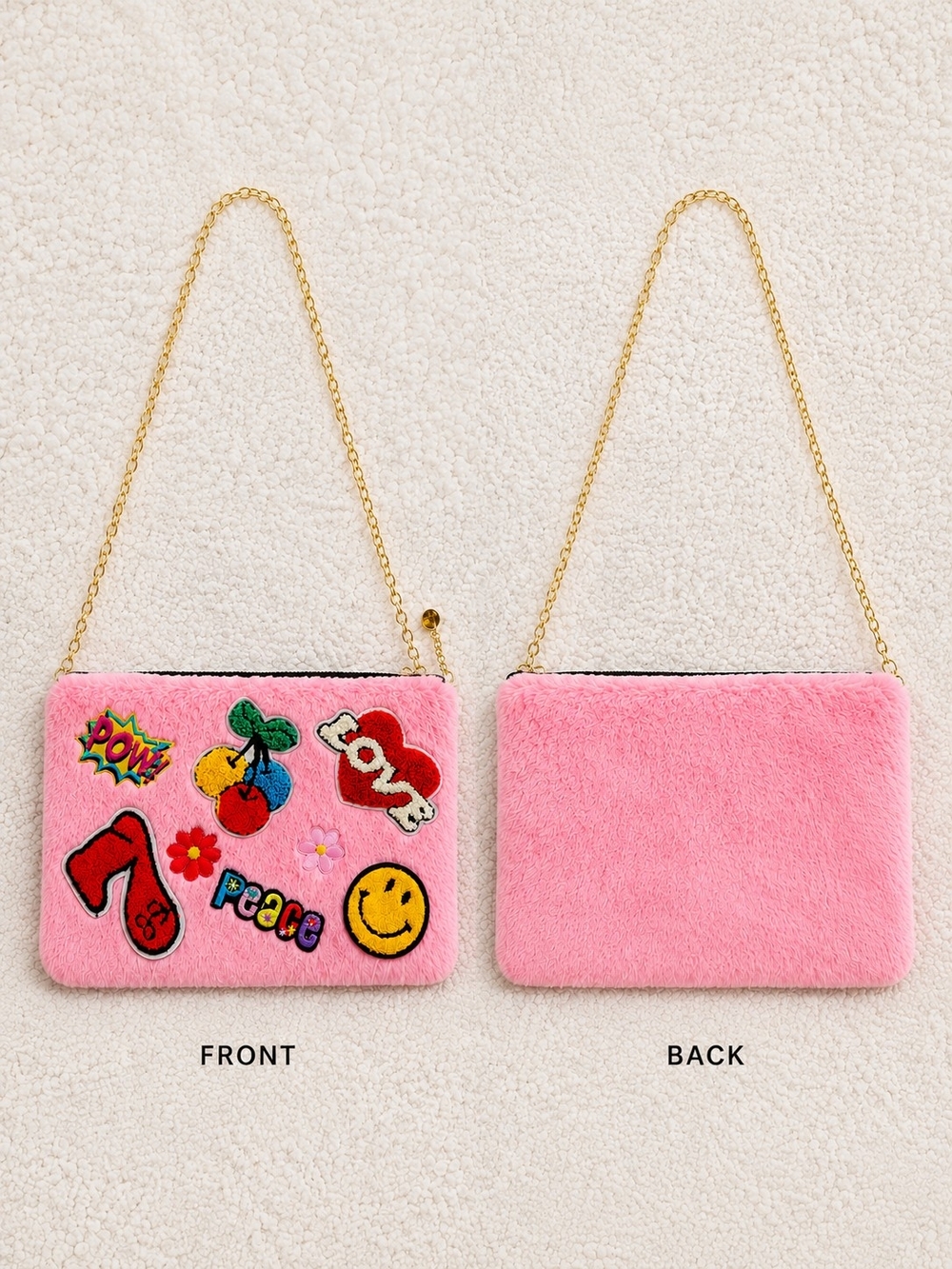 Y2K Pink Fuzzy Crossbody Clutch Purse Patch Bag Smile Peace Love Cherry Chain